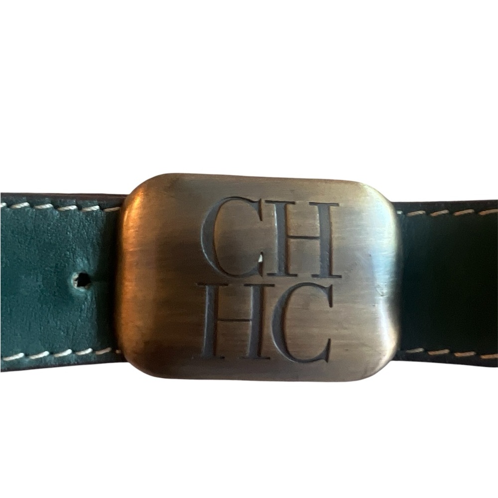 Carolina Herrera Dark Green Leather Belt with Antiqued Brass CH Buckle, Size 75. - Picture 3 of 5